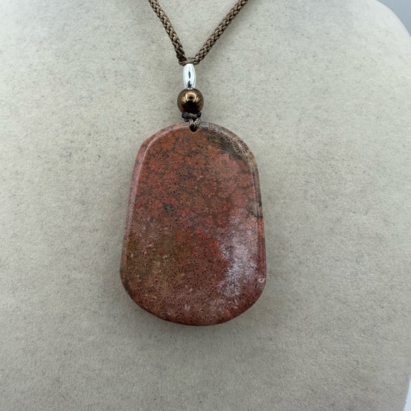 Coral Fossil Monkey Pendant Necklace Sterling Silver Accent on Adjustable Rope - Picture 8 of 9